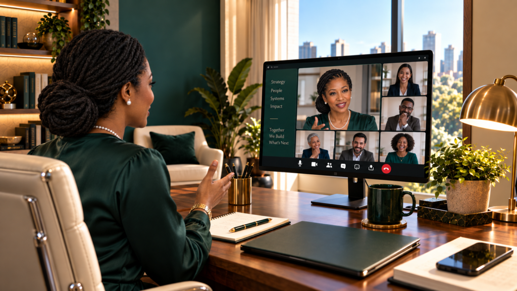 Natasha Percival-Rawlins leading a virtual strengths coaching session with a group of professionals