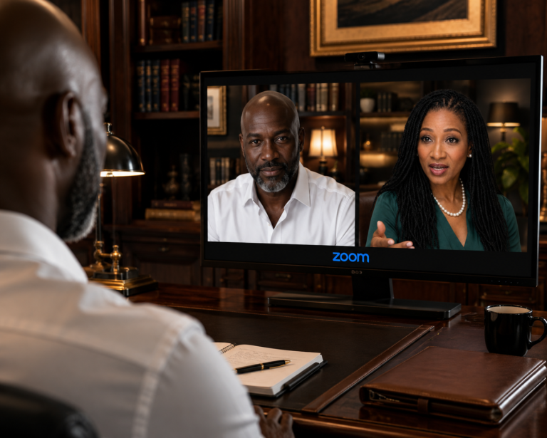 A private one-to-one virtual coaching session with an executive
